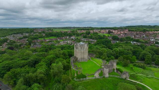 Conisbrough Castle from a drone, Conisbrough, South Yorkshire, England
