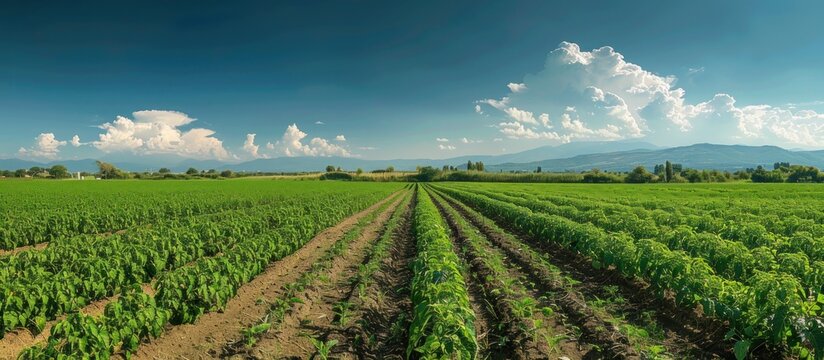 Lush green pepper plantation in a vast field under a blue sky