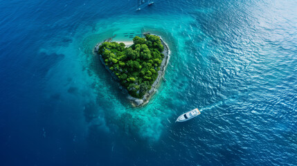Bird eye view of seascape. Vacation travel concept. Paradise tropic Island in the form of heart, surrounded by blue water. Aerial view of yacht sails to the island. 