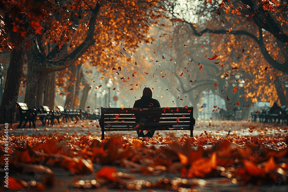 Poster a solitary figure sits on a park bench, shrouded in shadow as leaves fall around them. generative ai