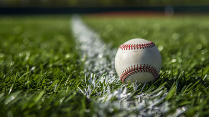 Baseball ball at start of game, asymmetric composition , green grass on baseball field . Baseball sits on the infield chalk line of  baseball field. Symbol of the start of game