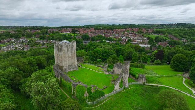 Conisbrough Castle from a drone, Conisbrough, South Yorkshire, England