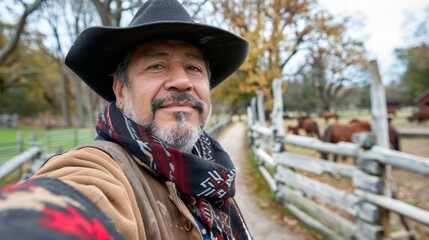 Man with a hat and scarf taking a selfie on a farm with cows and wooden fences