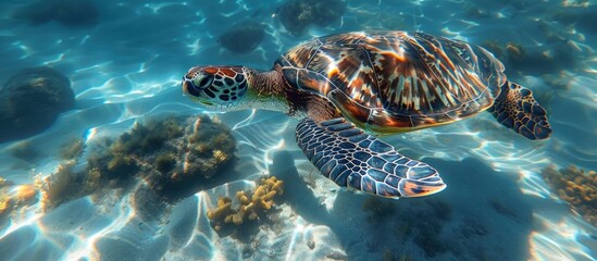 Fototapeta premium Sea turtle swimming in clear blue water