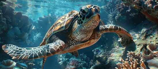 Obraz premium Sea turtle swimming through coral reef