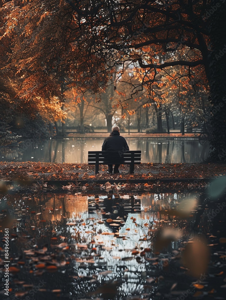 Poster one person sits on a park bench, facing away from the viewer, under a sliver of sunlight. the scene 