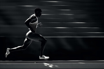 Obraz premium Black and white photo of athletics athlete running on a track during the Games . Runner in action, motion shot