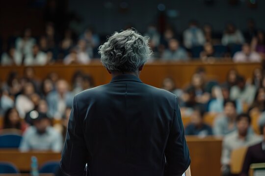 A speaker addresses a large audience in a lecture hall, capturing the moment from behind, focusing on the back of the speaker's head and shoulders.