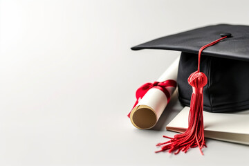 Black graduation cap and rolled up diploma with red ribbon are on white background with copy space