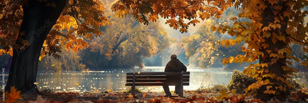 Poster A person sits alone on a bench by a lake, surrounded by autumn colors. Their partially hidden face hints at contemplation and solitude. Generative AI