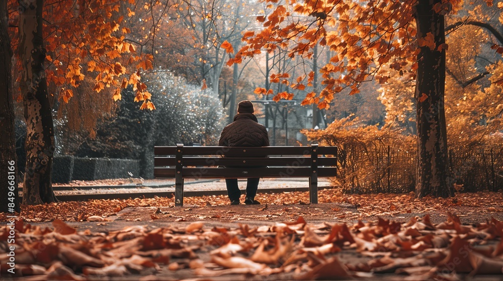 Poster A man sits alone on a park bench, his back to the viewer, amidst a scene of fallen leaves and a soft, golden light filtering through the trees. Generative AI