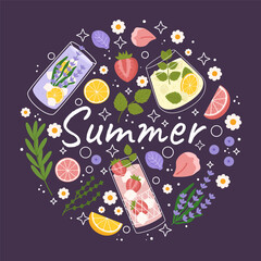Vibrant illustration on dark purple background, word Summer surrounded colorful elements, glasses of refreshing drinks, citrus slices, strawberries, mint leaves, lavender, and flowers.