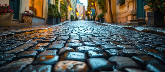 Cobblestone street in european city after rain
