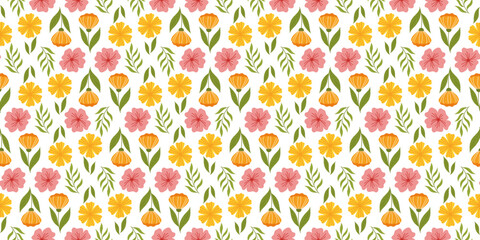 Repeated pattern highlighting floral elements. Botanical-inspired recurring fabric or wallpaper design with orange flower on stem with leaf, yellow flower, cherry blossom, and leaves.