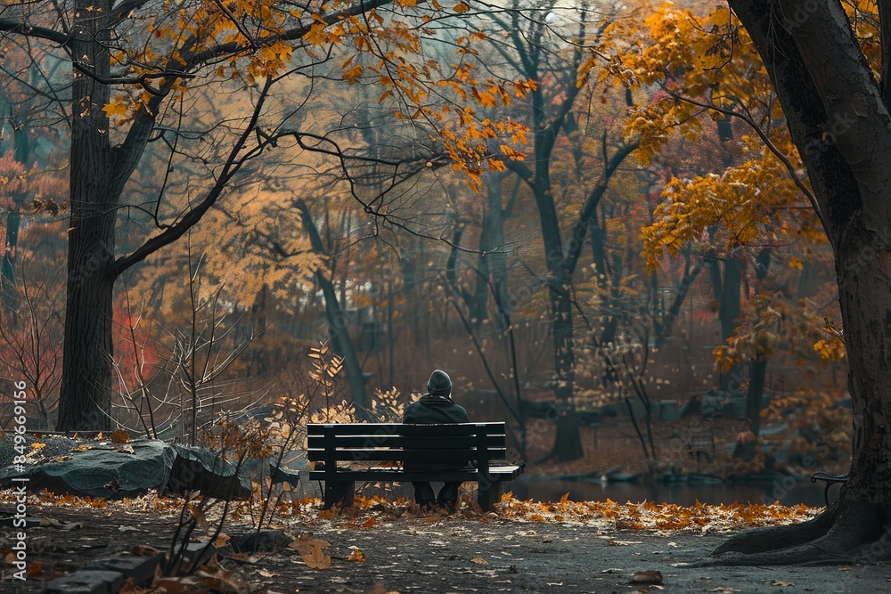 Aufkleber a single person sits on a bench in a dark park, obscured by shadows, with a single ray of light illu