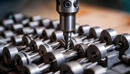 Naklejka premium Precision and Power Closeup of a Drill Bit Boring into Metal. Concept Industrial Tools, Metalworking, Closeup Photography, Precision Engineering generative ai 