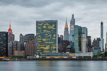 Manhattan skyline view from Gantry Plaza State Park in Long Island City, Queens, New York City. 