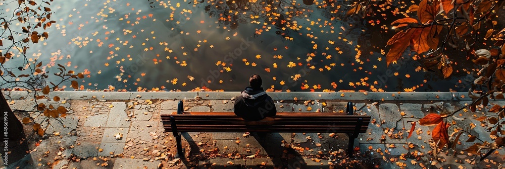 Poster a person sits alone on a bench, their face partially hidden by shadows, as autumn leaves fall around