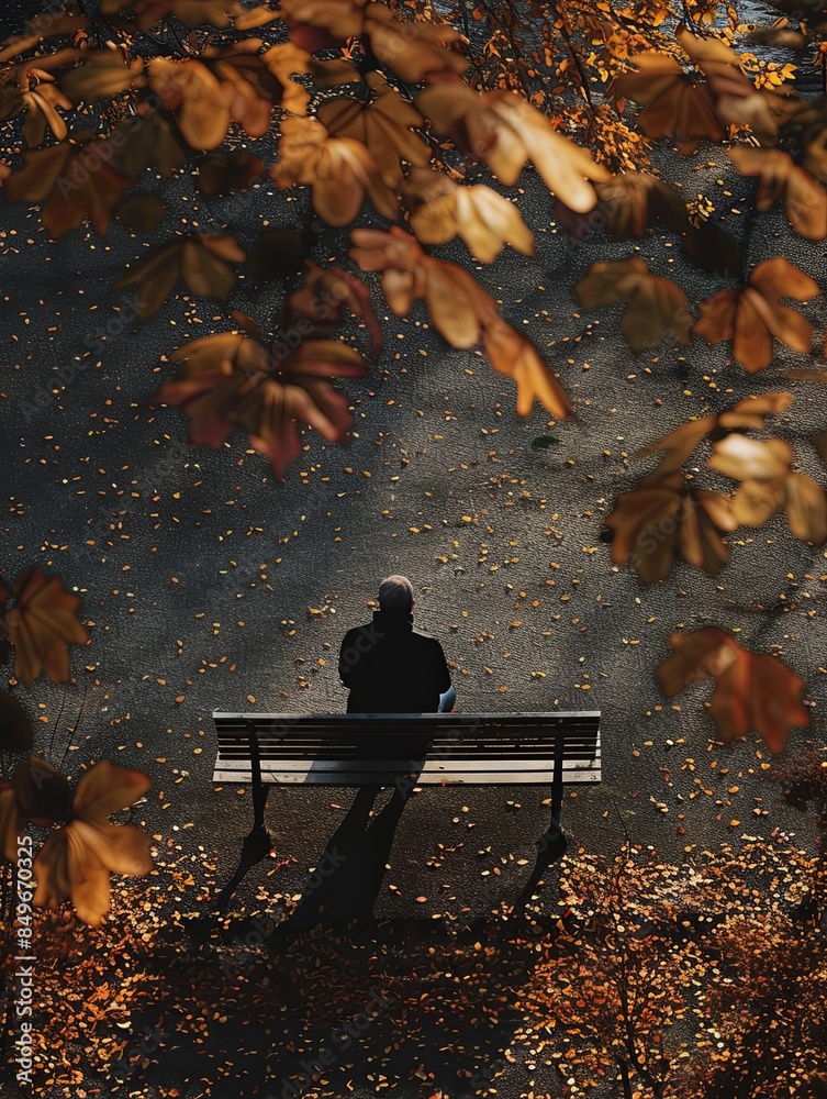 Poster a lone person sits on a bench in a shadowed park, surrounded by fallen leaves, with only a sliver of