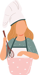 Woman chef baking whisking bowl. Female cook uniform kitchen work. Cartoon character culinary whisk cooking