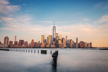 Long exposure of the Manhattan skyline viewed from Hoboken, New Jersey, at dusk.
