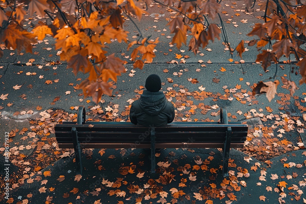 Poster a person sits alone on a park bench surrounded by fallen autumn leaves. the scene is bathed in shado