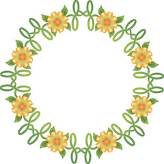 Circular frame with vines and blooming yellow and orange flowers