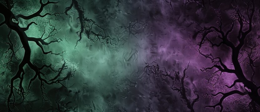 Silhouettes of trees with branches intertwining over a misty, colorful background, creating a spooky and mysterious atmosphere