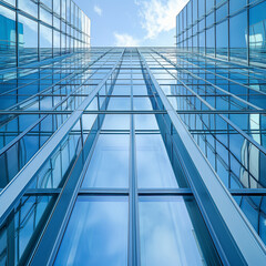 Obraz premium Tall glass skyscraper with blue sky reflection, modern architecture 