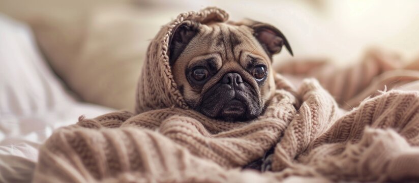 Cozy pug in a sweater on a bed for winter