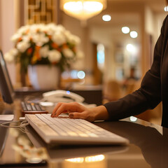 Hotel reception working at a desk with flowers in the background

