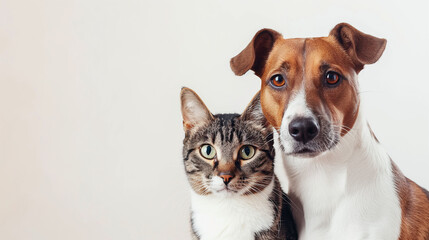 Cat and dog together on a light background with copy space

