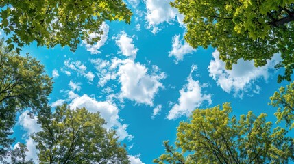 Obraz premium Luxuriant trees framed by white clouds on a serene blue sky