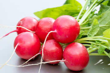 Fresh washed red radish roots vegetables ready to eat close up