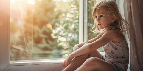 Little child sitting on the window sill and looking out window. Social advertising, danger of a child falling out of a window, child protection