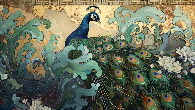 Peacock Panache: An Art Nouveau Style Illustration with Liquid Metal