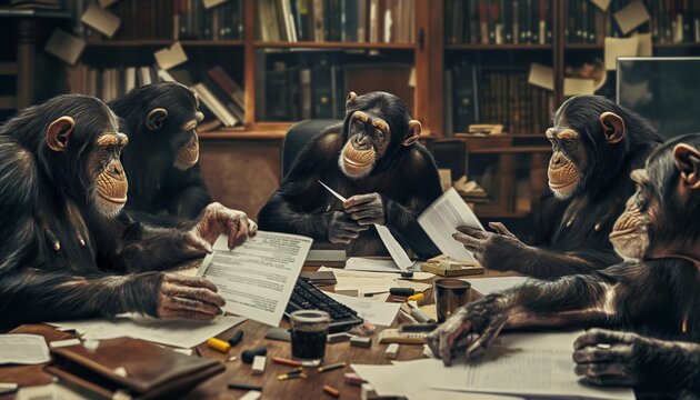 Illustration Several monkeys are working in the office, monkey business concept