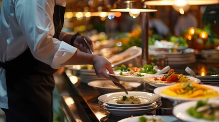 waiter prepare food for a buffet table in a restaurant