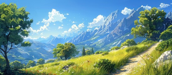 Mountain path through lush green valley