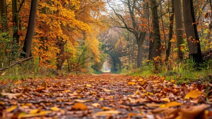 Obraz premium Autumn leaves blanket forest path