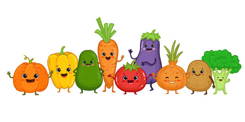 Set of cartoon vegetable characters. Cute broccoli, potato, carrot, tomato, pepper, eggplant, onion, avocado, pumpkin with arms and legs for kids. Food illustration. Menu. Vector