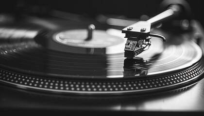Retro vinyl record on a turntable, nostalgic feel, black and white, vintage photography