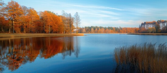 Obraz premium Serene autumn lake reflecting golden trees