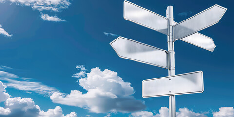 Metallic empty blank crossroad signpost mockup against blue sky and clouds