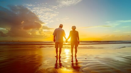 the back view of a happy elderly couple holding hands on the beach during sunset