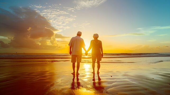 the back view of a happy elderly couple holding hands on the beach during sunset 