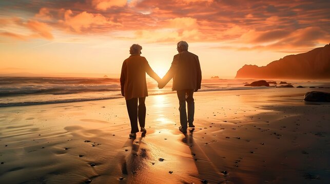 the back view of a happy elderly couple holding hands on the beach during sunset 