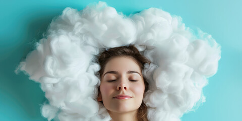 Sleeping happy woman head on the white fluffy cloud on colored background
