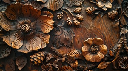 Fototapeta premium Rustic wood carving with intricate details, earthy tones, detailed, realistic photography