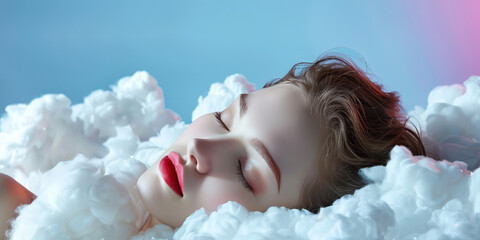Sleeping happy woman head on the white fluffy cloud on colored background